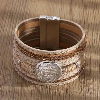 Wide Multi Vegan Leather Strap Magnetic Bracelet