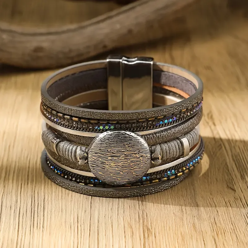 Wide Multi Vegan Leather Strap Magnetic Bracelet