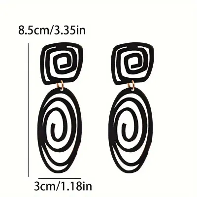 Black Spiral Pattern Long Dangle Lightweight Retro Earrings