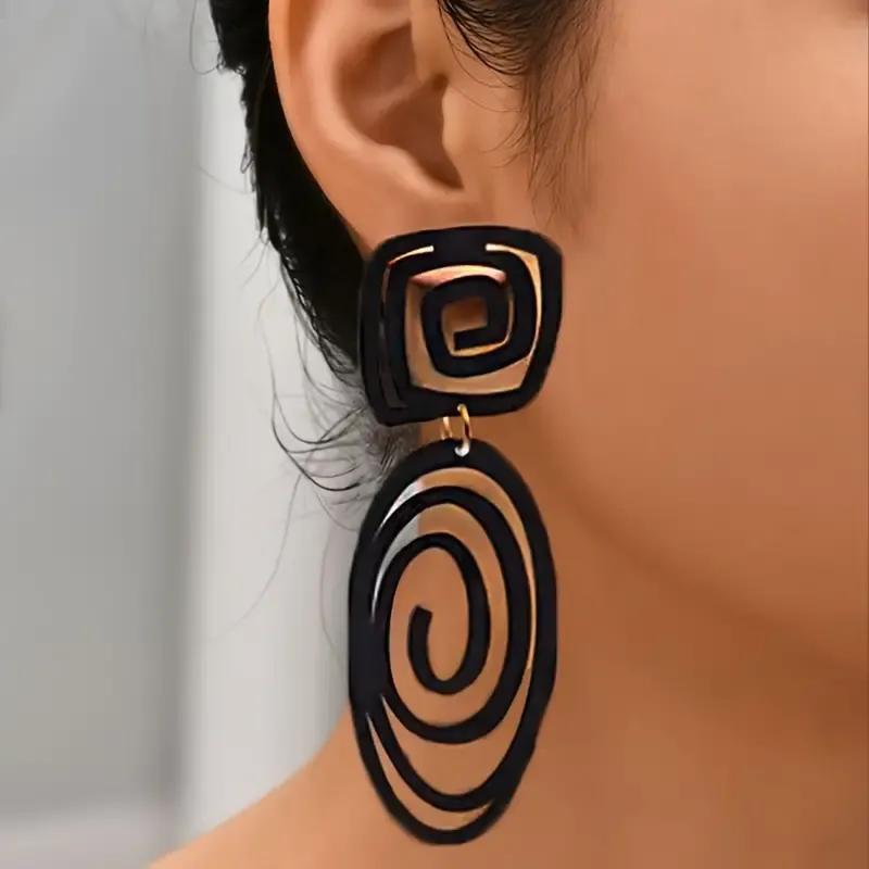 Black Spiral Pattern Long Dangle Lightweight Retro Earrings 