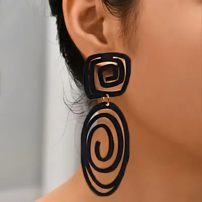 Black Spiral Pattern Long Dangle Lightweight Retro Earrings 