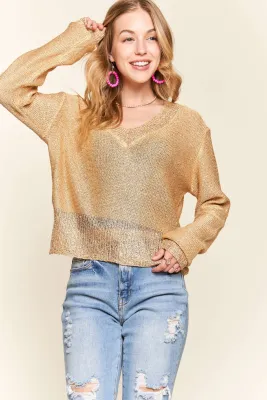 Gold Sequins Accent Metallic Sweater