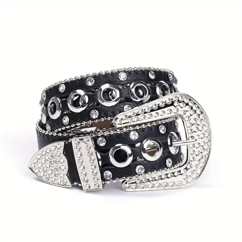 Black/Silver Adjustable Rhinestone Eyelet Belt