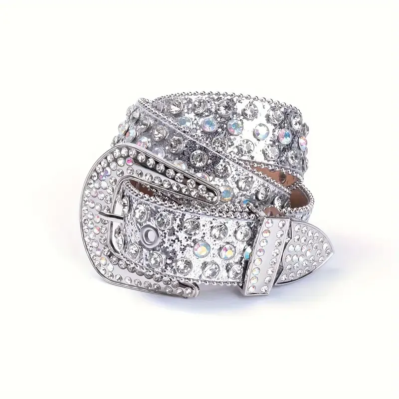 Silver Vegan Leather Rhinestone Belt