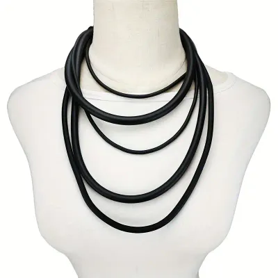 Black Vegan Leather Muti Layered Tube Cord Necklace