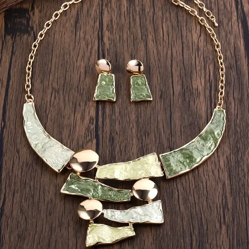 Olive green/Gold Abstract Necklace Set