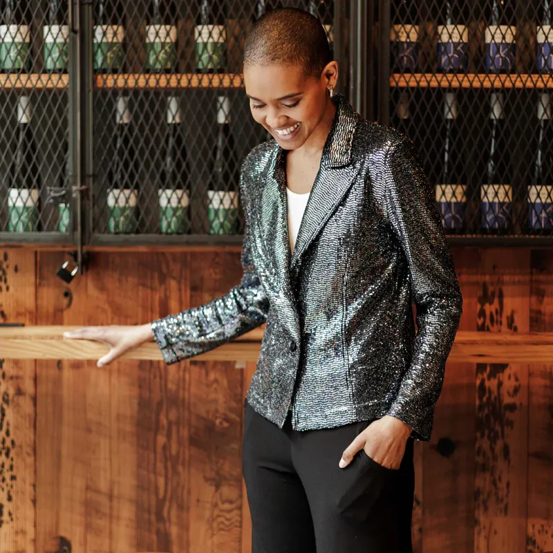 Gunmetal Shimmer Sequin - Modern Button Blazer 
