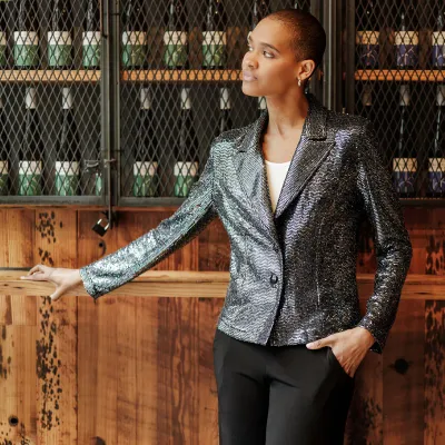 Gunmetal Shimmer Sequin - Modern Button Blazer 