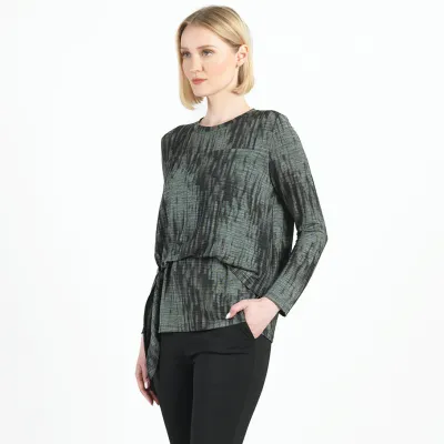 Olive Crinkle Pleat - Blouson Overlay Side Tie Top