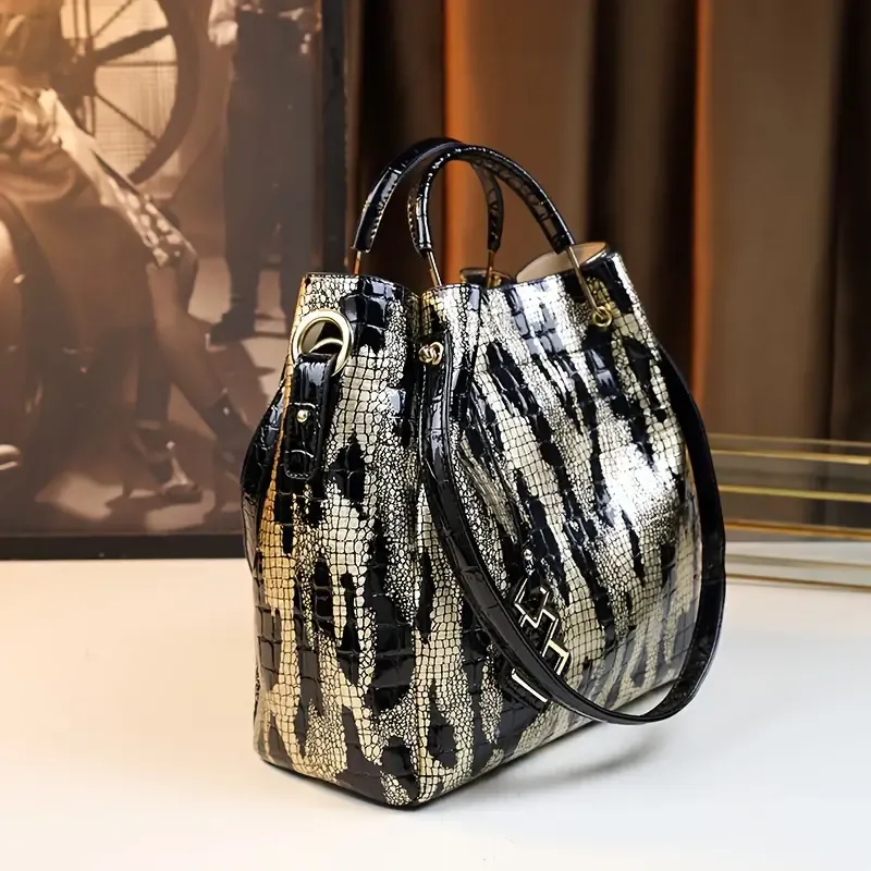 Gorgeous Black/Gold High Gloss Vegan Leather Designer Look Handbag
