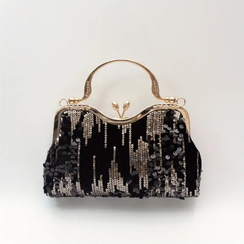 Black Velvet/Gold Sequin Kiss Lock Handle Evening Bag
