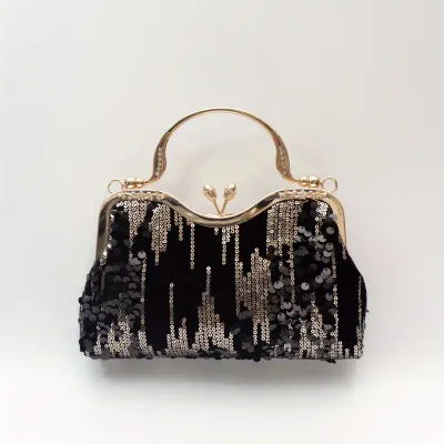 Black Velvet/Gold Sequin Kiss Lock Handle Evening Bag