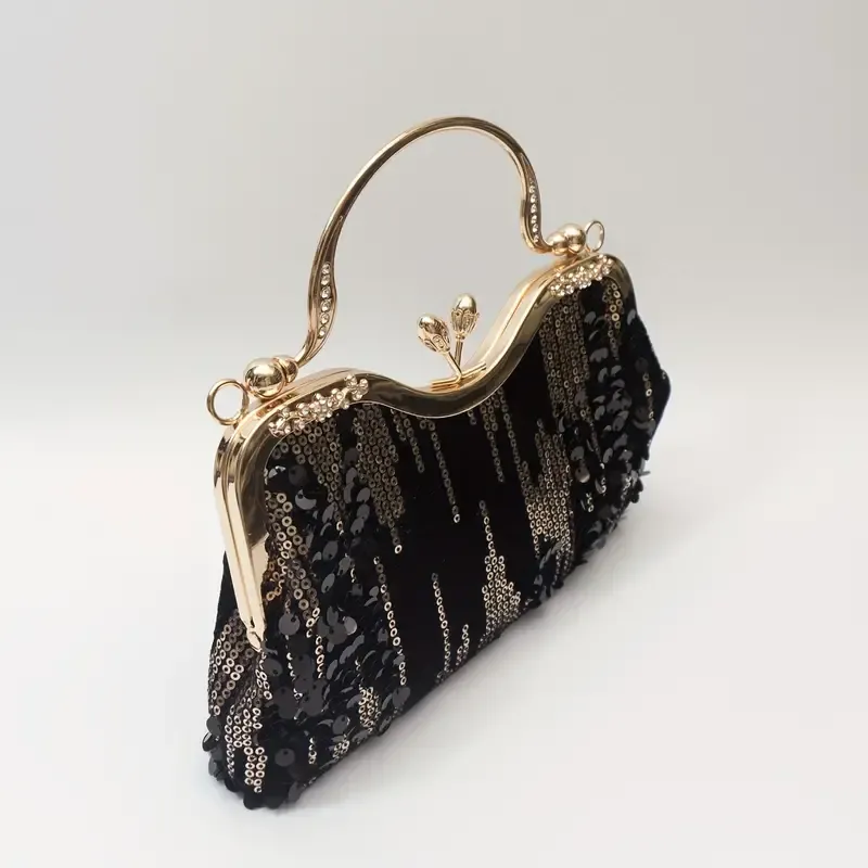 Black Velvet/Gold Sequin Kiss Lock Handle Evening Bag