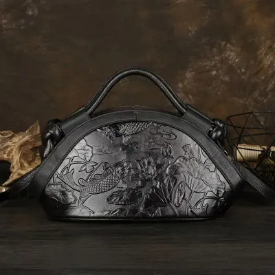 Vintage Genuine Leather Top-Handle Handbag with Floral Embossing