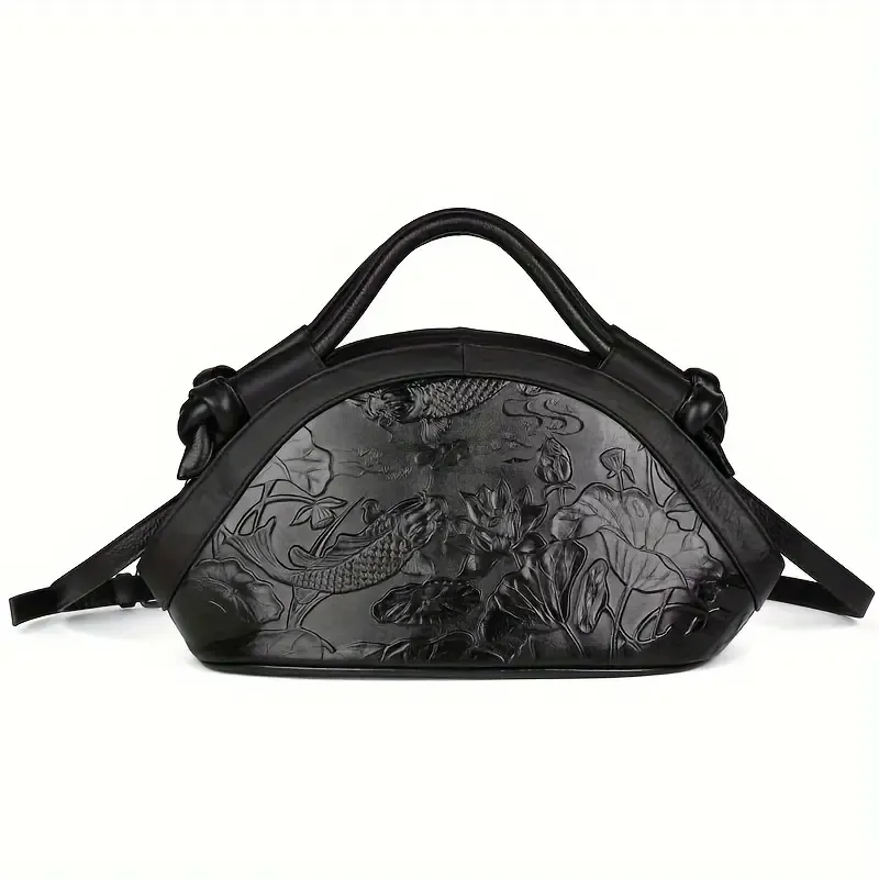Vintage Genuine Leather Top-Handle Handbag with Floral Embossing