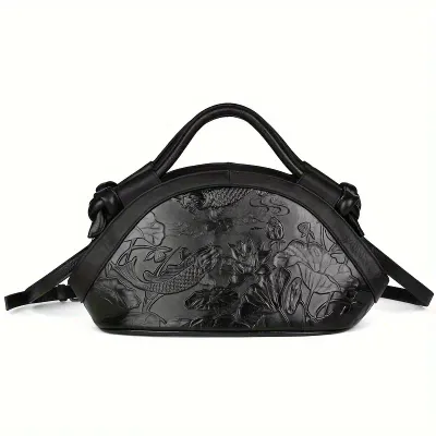 Vintage Genuine Leather Top-Handle Handbag with Floral Embossing