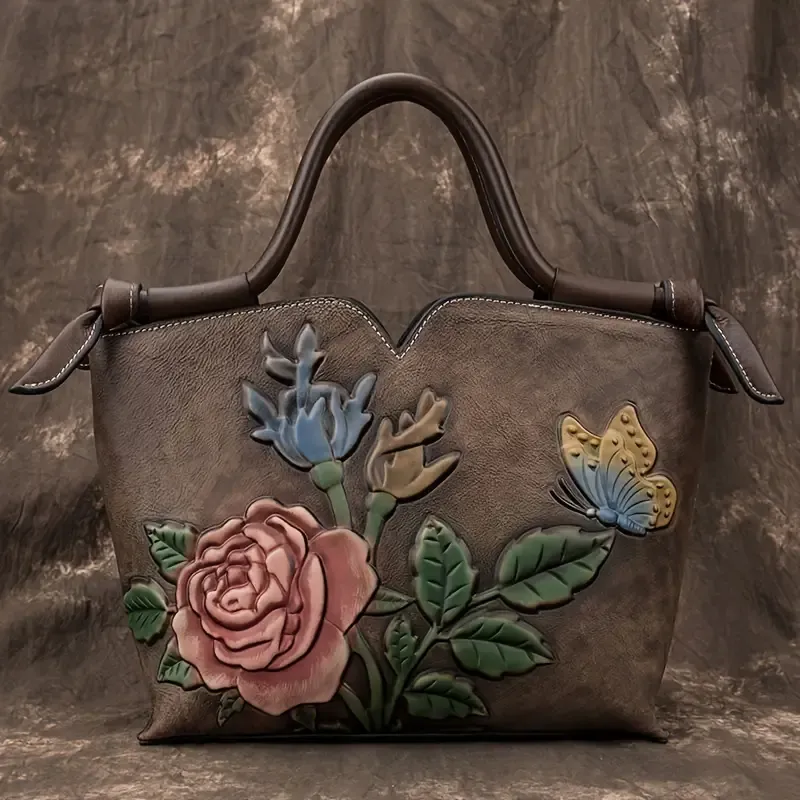Floral Embossed Leather Satchel Handbag