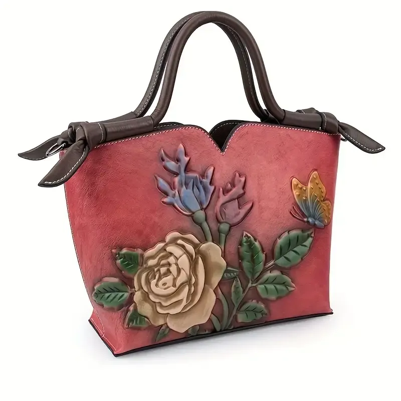 Floral Embossed Leather Satchel Handbag