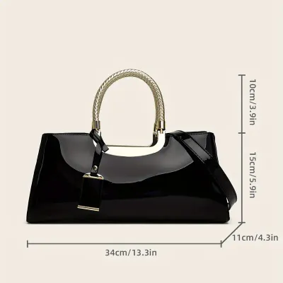 Black Vegan Patent Leather Gold Braid Handle Handbag
