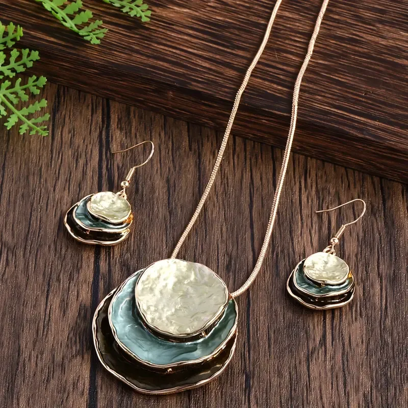 Shades Of Green/Gold Round Multi Layered Disc Necklace Set