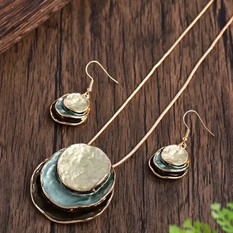 Shades Of Green/Gold Round Multi Layered Disc Necklace Set