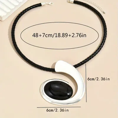 Black Cord Geometric Design Silver/Black Pendent Necklace