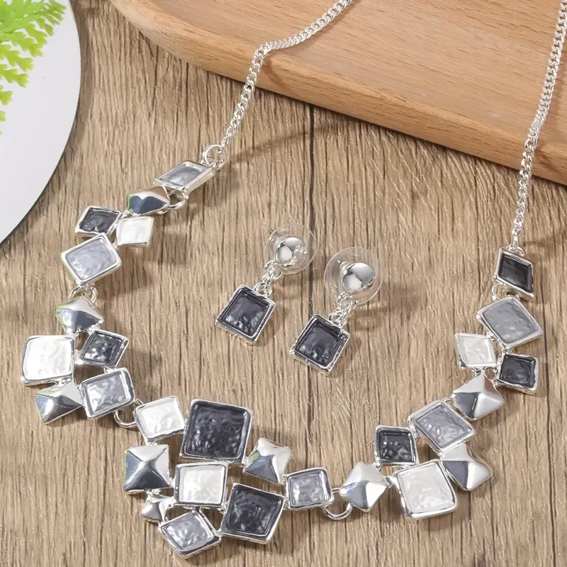 Silver/Grey/White Enamel Multi Shaped Necklace Set
