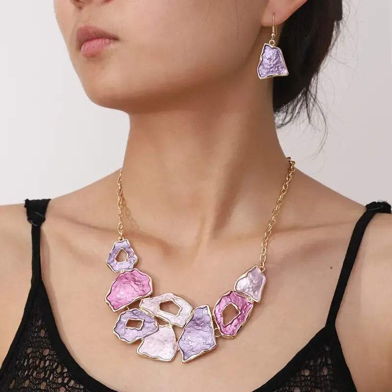 Gold/Shades of Purple Epoxy Multi Shape Necklace Set