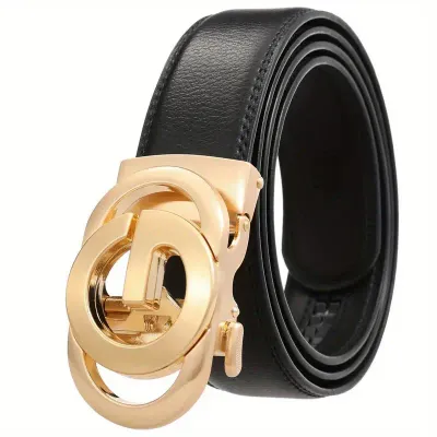 Black Leather Gold Designer Look Buckle Belt