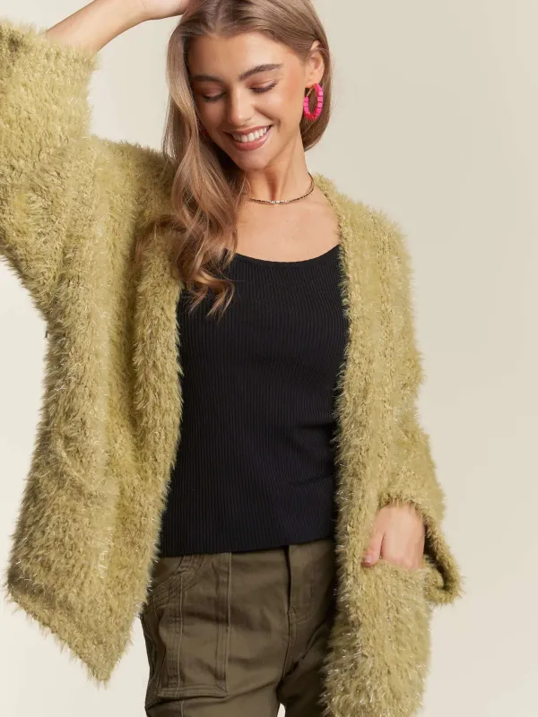 Sage Green Lurexd Fuzzy Sweater Cardigan