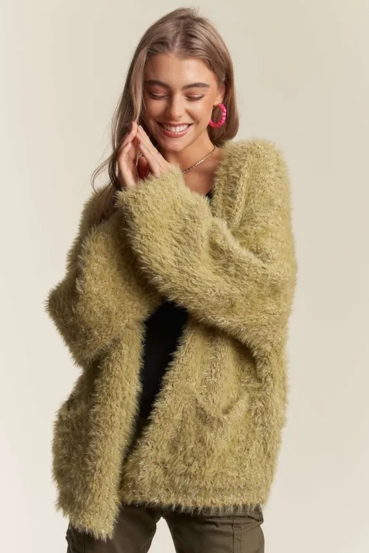 Sage Green Lurexd Fuzzy Sweater Cardigan