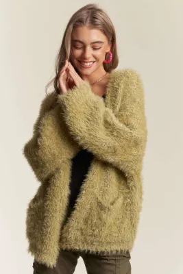 Sage Green Lurexd Fuzzy Sweater Cardigan