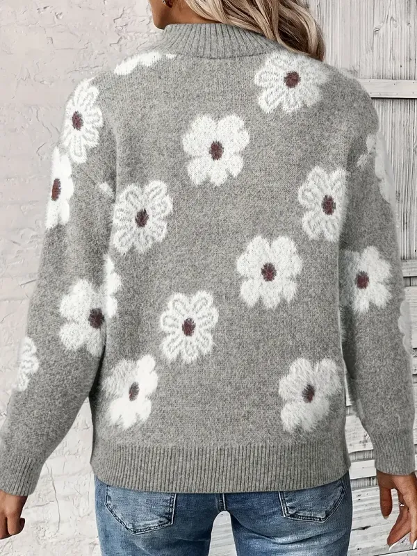 Grey Floral Pattern Zipper Neck Pullover Sweater