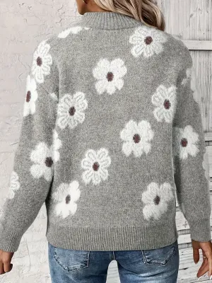 Grey Floral Pattern Zipper Neck Pullover Sweater