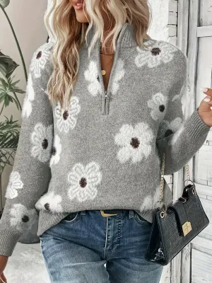 Grey Floral Pattern Zipper Neck Pullover Sweater