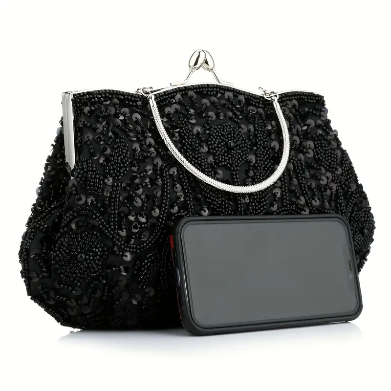 Black Silver Hardware Art Deco Vintage Beaded Evening Bag