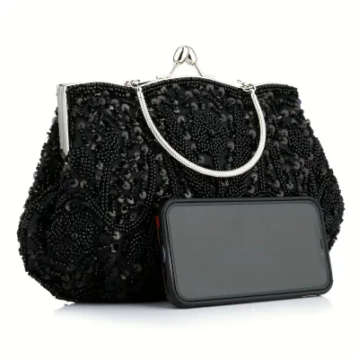 Black Silver Hardware Art Deco Vintage Beaded Evening Bag