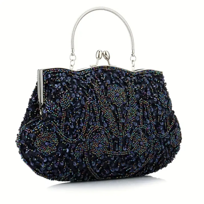 Navy/Silver Hardware Art Deco Vintage Beaded Evening Bag