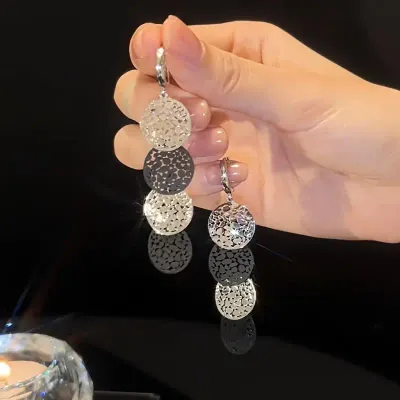 Silver/Black Disc Long Dangle Earrings