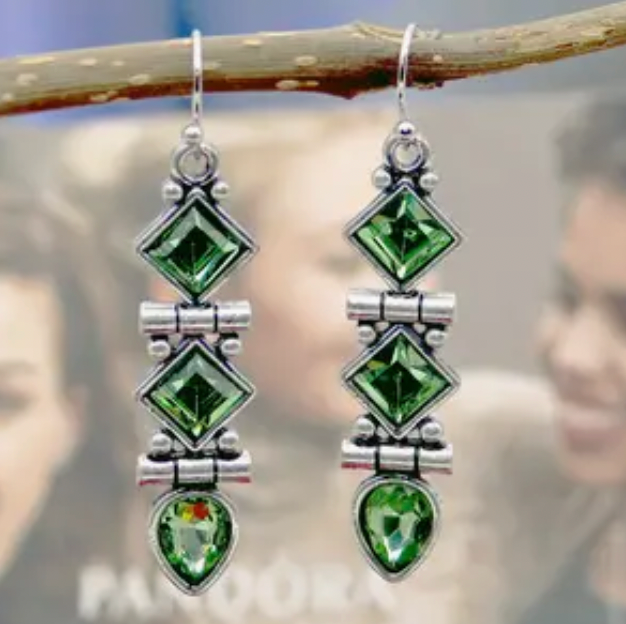 Silver/Green Crystal Multi Shaped Drop Earrings