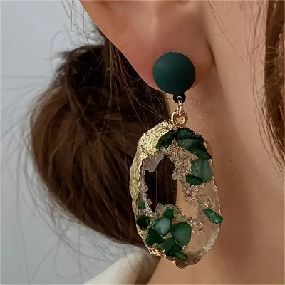 Emerald Green/Gold Foil Druzy Stone Earrings