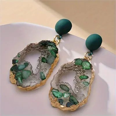Emerald Green/Gold Foil Druzy Stone Earrings