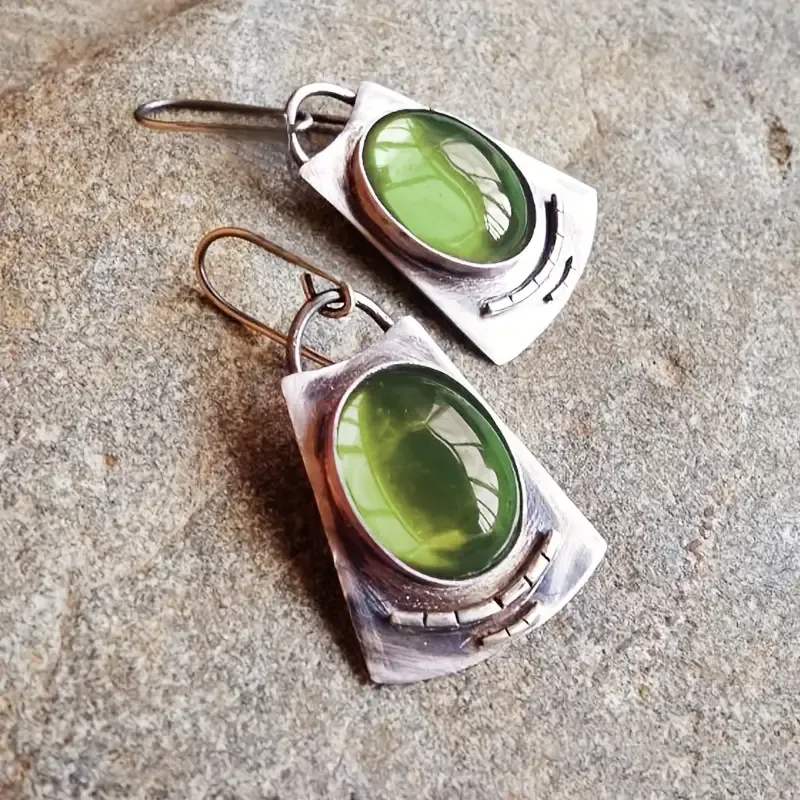 Silver Alloy Vintage Green Stone Everyday Earrings