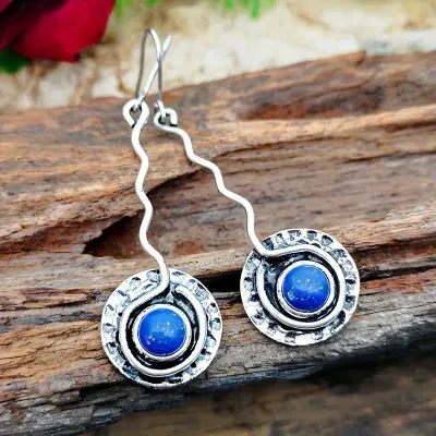 Vintage Handcrafted Curved Blue Stone Drop Dangle Earrings