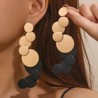 Geometric Round Staggered Long Statement Earrings