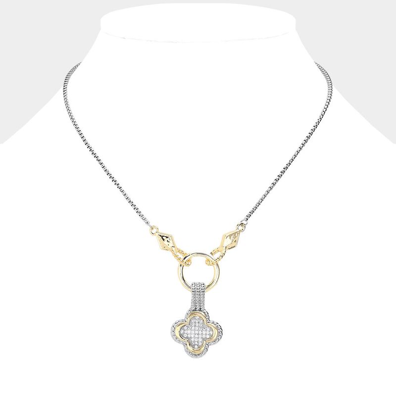14K Gold Plated Two Tone CZ Stone Paved Quatrefoil Pendant Necklace