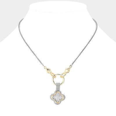 14K Gold Plated Two Tone CZ Stone Paved Quatrefoil Pendant Necklace