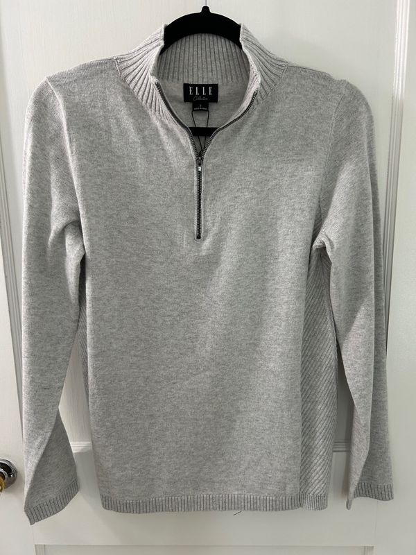 Crystal Grey Cotton/Cashmere Zipper Neck Sweater