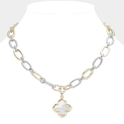 14K Gold Plated Two Tone Mother Of Pearl  Quatrefoil Pendant Necklace