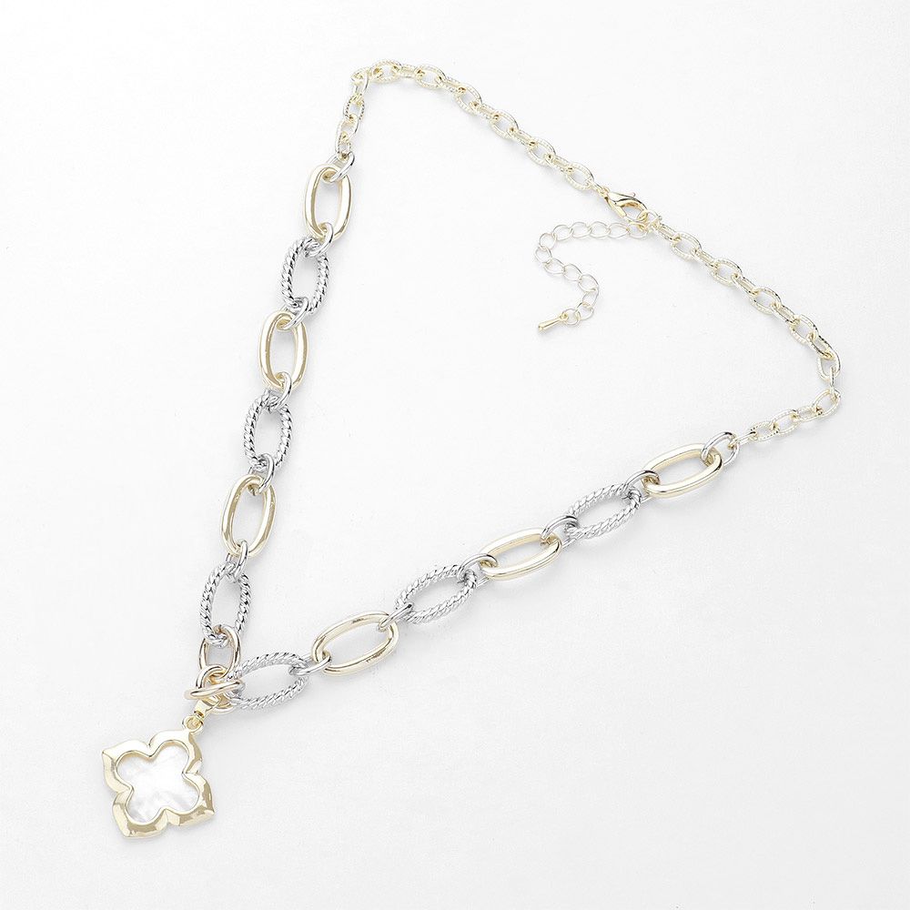 14K Gold Plated Two Tone Mother Of Pearl  Quatrefoil Pendant Necklace
